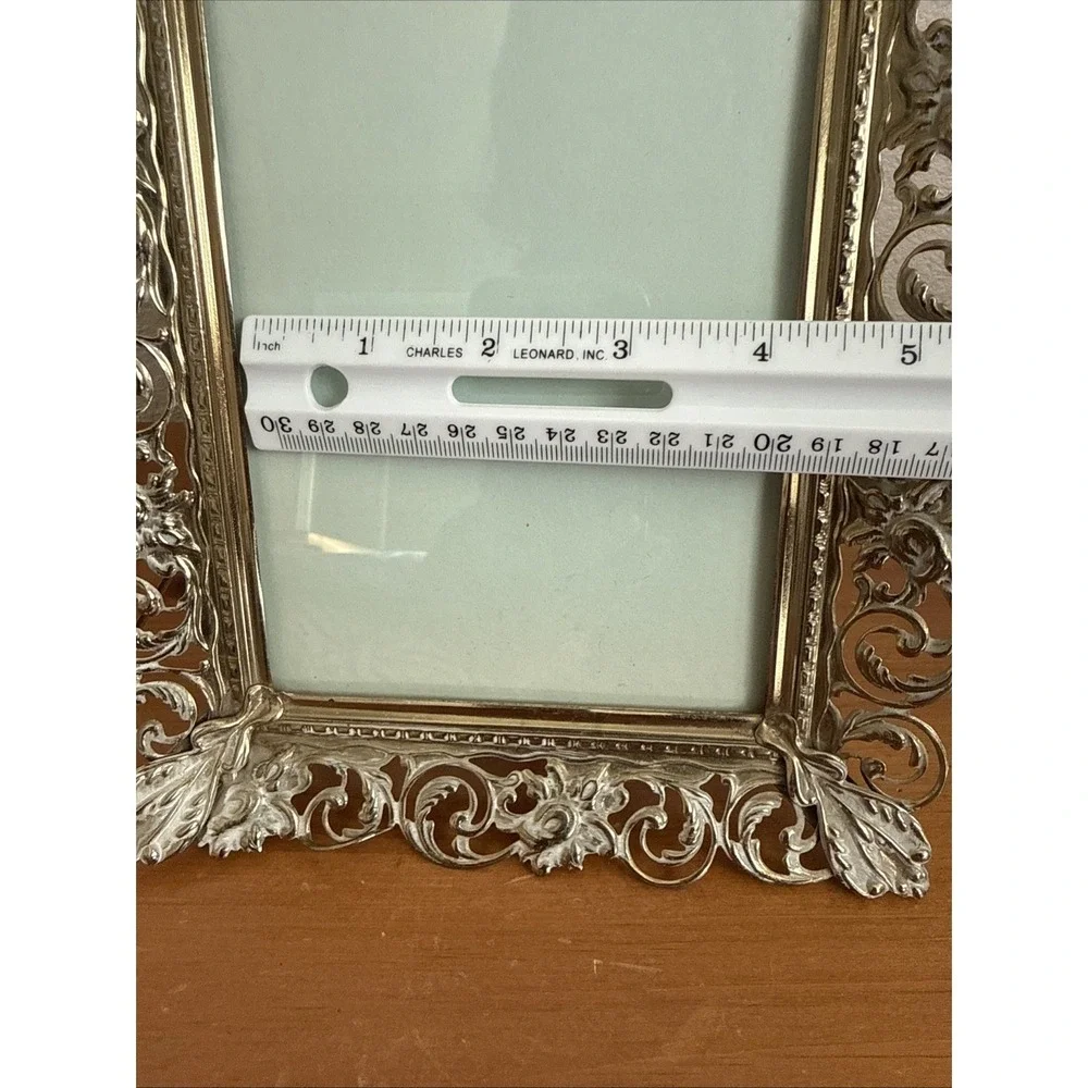 VTG Filigree Picture Photo Frame 5x7 Inch Brass Gold White Metal Ornate Standing